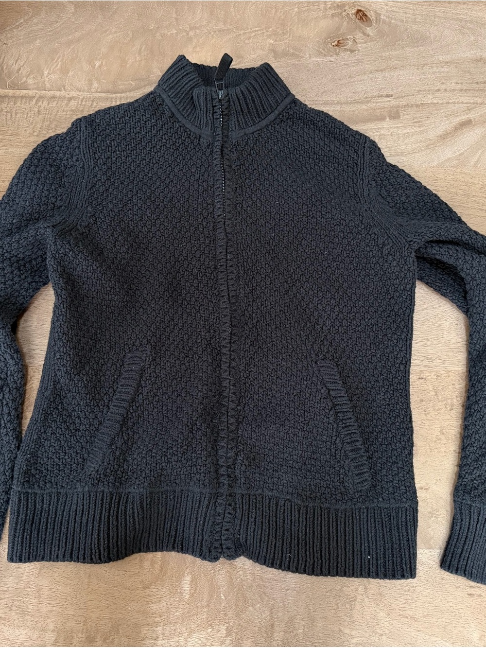 Charter Club Black Textured Zip-Front Crew Sweater